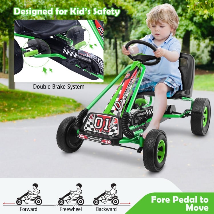 Kids pedal-powered go-kart in green with four rubber wheels, designed for ages 3 to 8, suitable for indoor and outdoor.