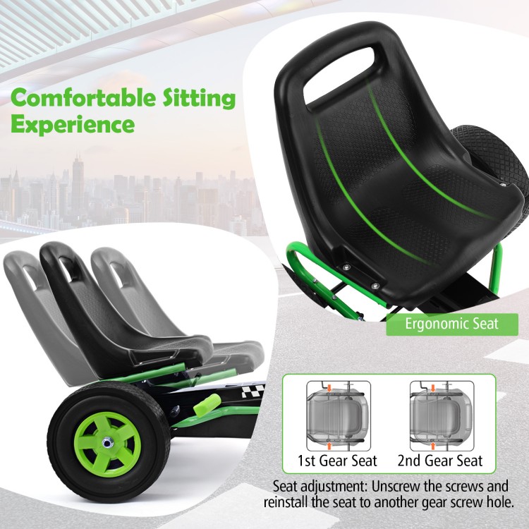 Ergonomic adjustable seat of the green pedal go-kart for kids, designed for comfort and stability during outdoor play.