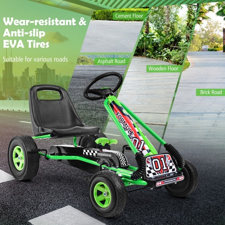 Green pedal-powered go-kart for kids, featuring wear-resistant tires and automatic balancing for outdoor play.
