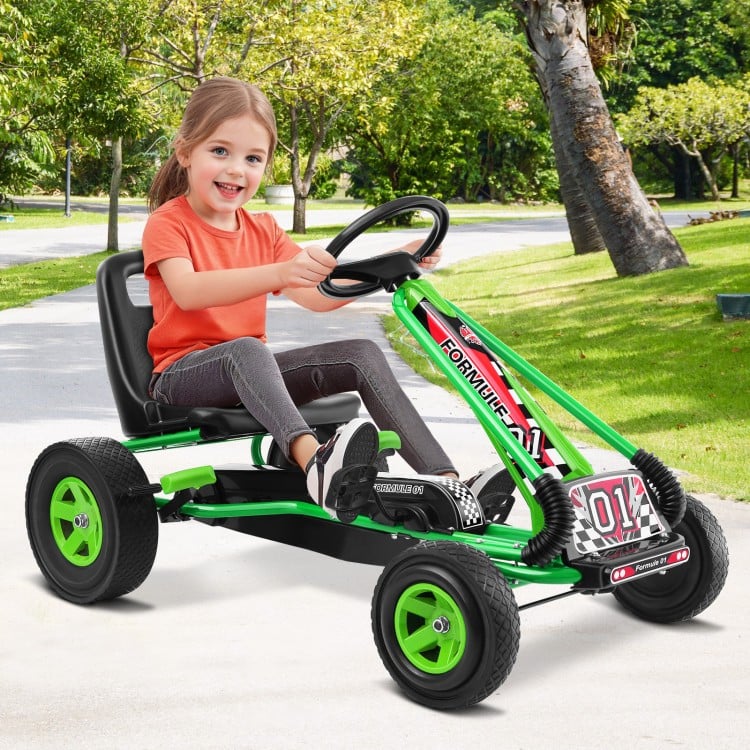 Kids pedal-powered go-kart in green, featuring a low gravity center and anti-skid wheels for outdoor fun.