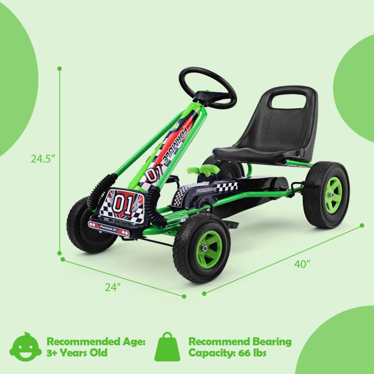 Green pedal-powered go-kart for kids, featuring four rubber wheels, adjustable seat, and automatic balancing system for.