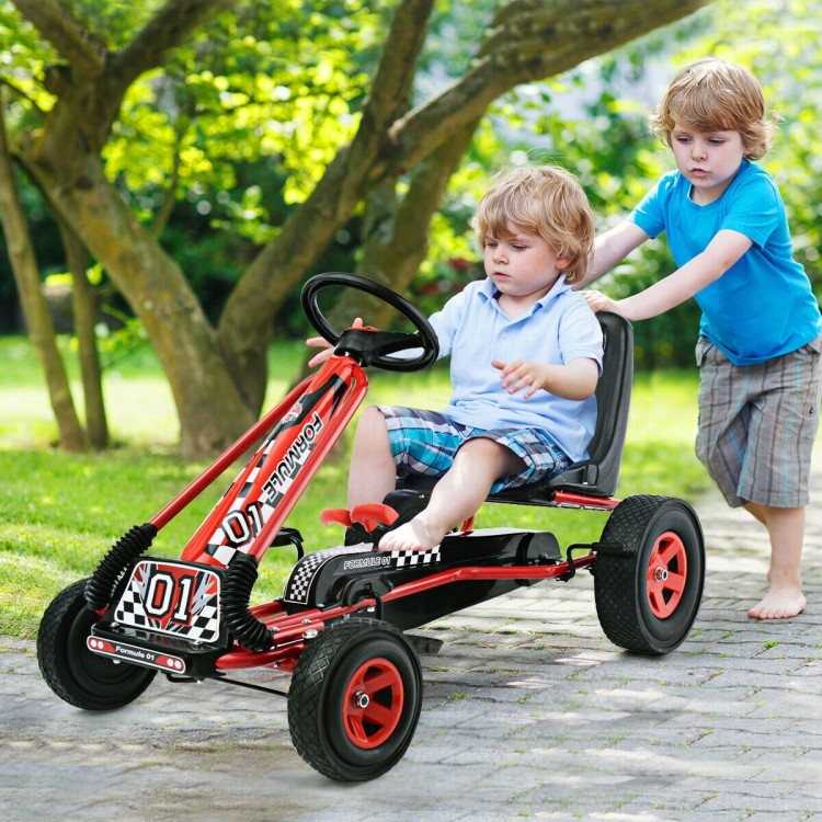 Kids ride-on pedal-powered go-kart in red, featuring adjustable seat and rubber wheels for outdoor play.
