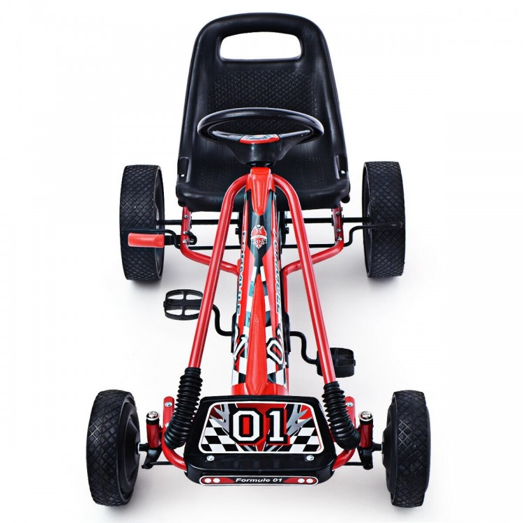 Kids ride-on pedal-powered go-kart in red with ergonomic seat, four wheels, and wear-resistant rubber tires for outdoor.