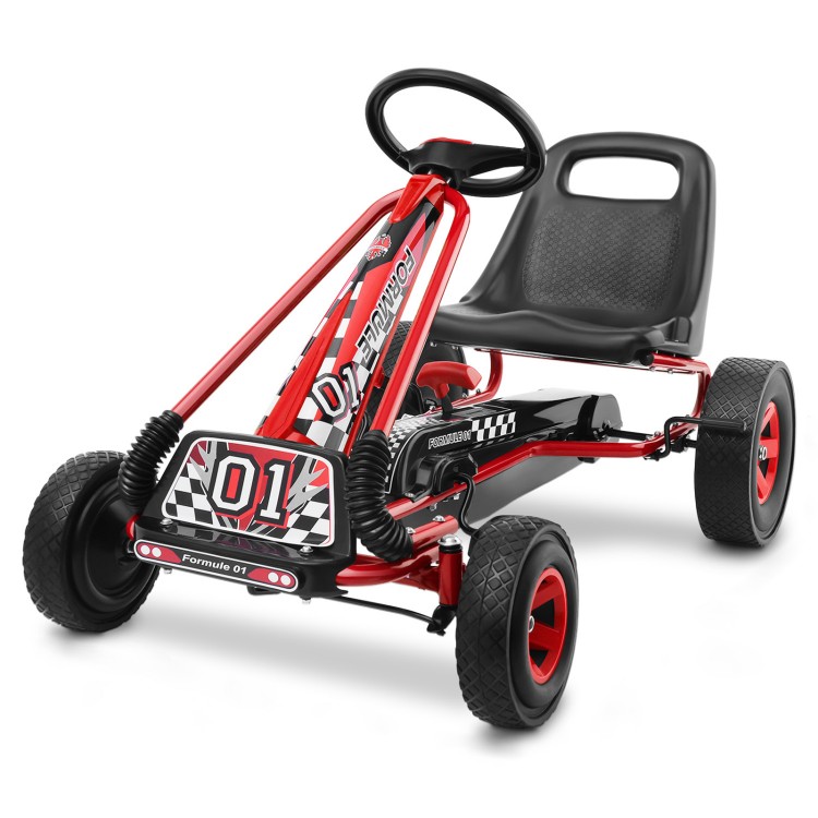Kids ride-on pedal-powered go-kart in red with ergonomic seat and rubber wheels for outdoor play and stability.