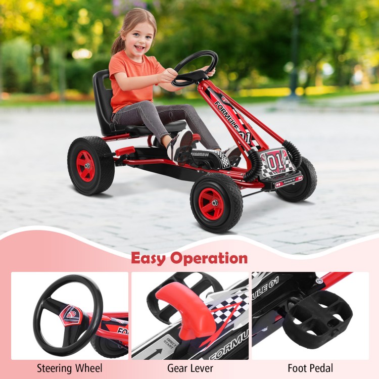 Kids ride-on pedal-powered go-kart in red, featuring a steering wheel, adjustable seat, and durable rubber wheels for.