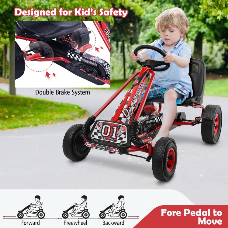 Kids ride-on pedal-powered go-kart in red with adjustable seat, designed for safety and stability for outdoor play.