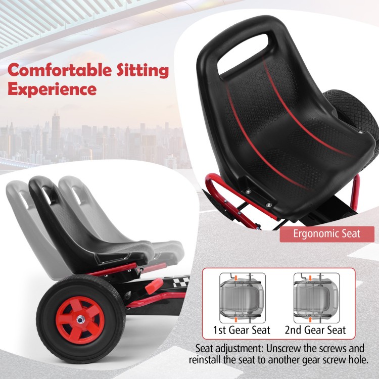 Ergonomic adjustable seat of the red kids ride-on pedal-powered go-kart, designed for comfort and stability.