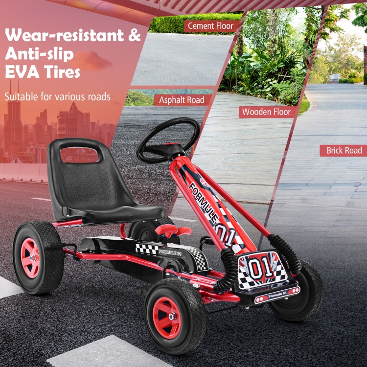Kids ride-on pedal-powered go-kart in red with wear-resistant tires, suitable for various surfaces and ages 3 to 8.