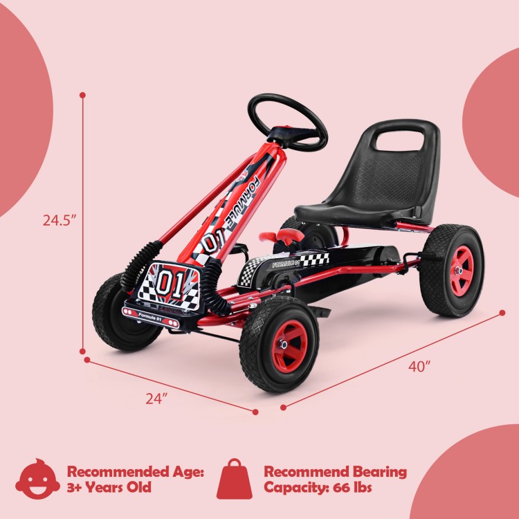 Red kids pedal-powered go-kart with adjustable seat, four wheels for stability, and ergonomic design for outdoor play.