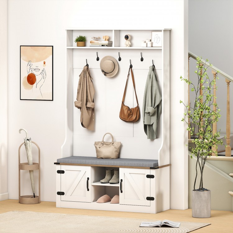 4-in-1 tall coat rack in white with cushioned bench, shoe storage, and 7 hooks for a tidy entryway.
