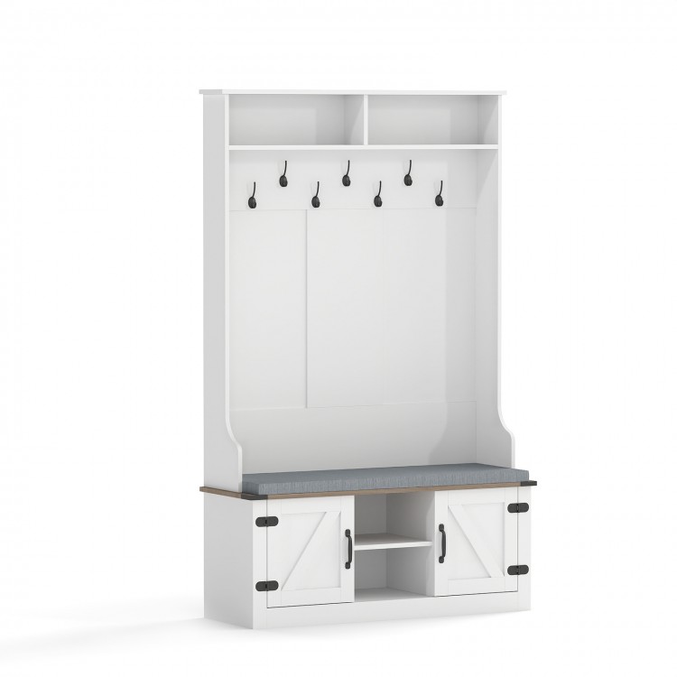 Tall white coat rack with cushioned bench, 7 hooks, and shoe storage for a clutter-free entryway.