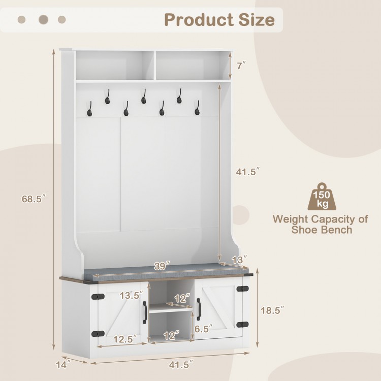 Tall white 4-in-1 coat rack with cushioned bench, 7 hooks, and shoe storage, ideal for entryway organization.