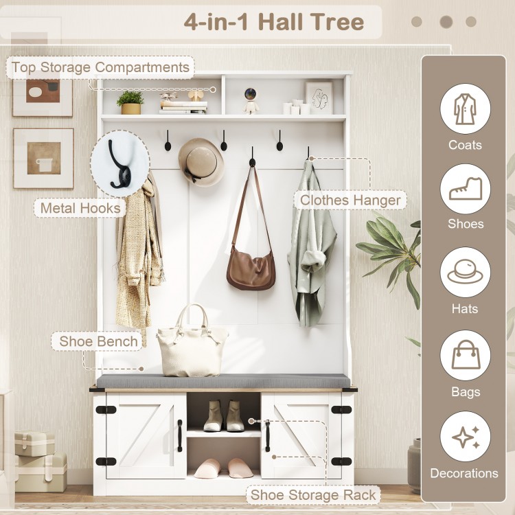 4-in-1 hall tree with cushioned bench, metal hooks, and shoe storage, perfect for entryway organization in white.