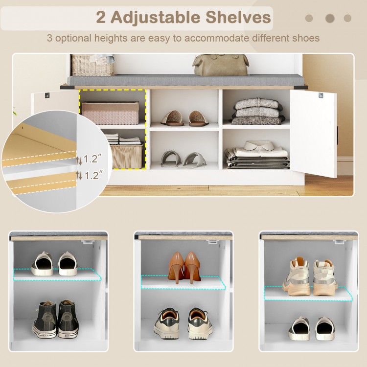 Adjustable shelves of the 4-in-1 coat rack in white, designed for versatile shoe storage and convenient entryway.