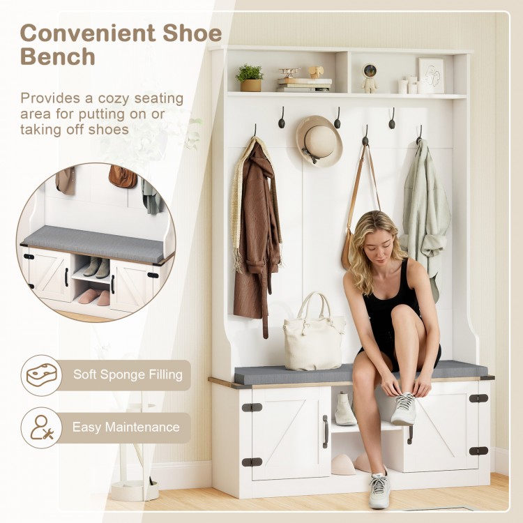Cushioned bench with soft sponge filling and coat rack, ideal for entryway shoe storage and convenience.