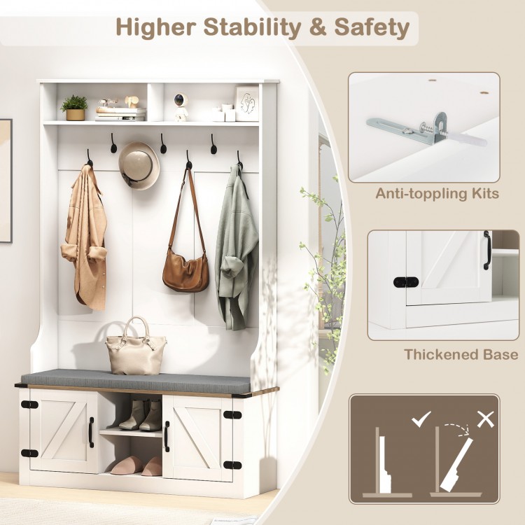 4-in-1 tall coat rack in white with cushioned bench, adjustable shelves, and metal hooks for entryway organization.