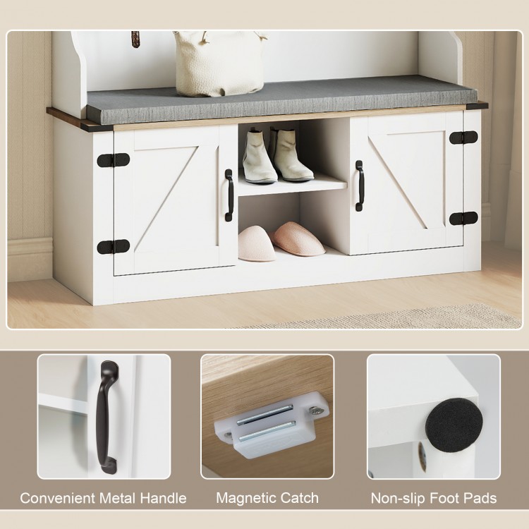 Coat rack with cushioned bench and shoe storage, featuring adjustable shelves and metal hooks for entryway organization.