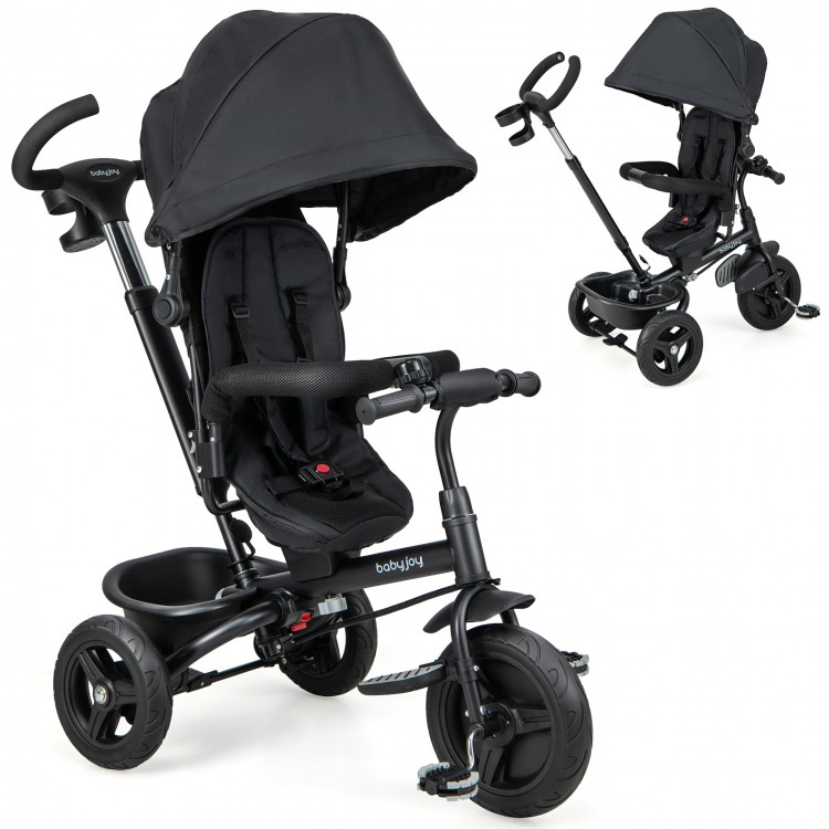 Black 4-in-1 baby tricycle with reversible seat, adjustable canopy, and 5-point safety harness for versatile use.