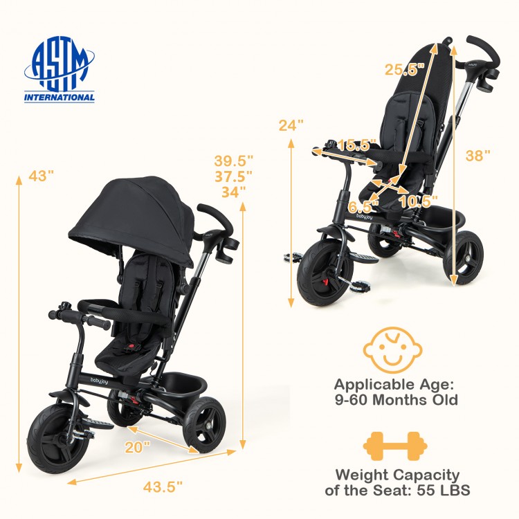 4-in-1 black baby tricycle with adjustable canopy, reversible seat, and 5-point safety harness for toddlers.
