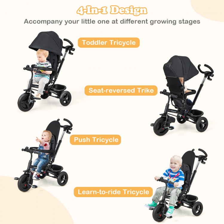 4-in-1 baby tricycle in black, featuring a reversible seat, adjustable canopy, and 5-point safety harness for toddlers.