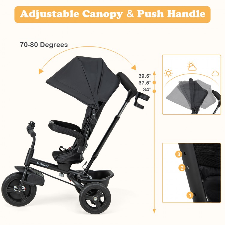 Adjustable canopy on a black 4-in-1 baby tricycle, providing shade and comfort for outdoor adventures with toddlers.