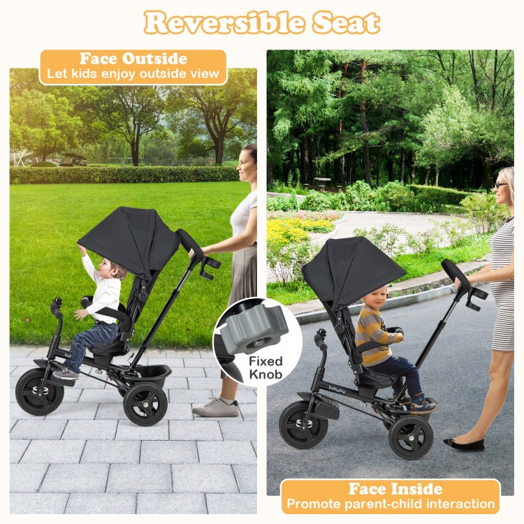 Reversible seat baby tricycle in black, showcasing outdoor and indoor facing options for versatile toddler use.