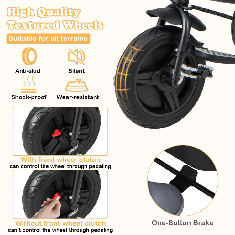 High-quality textured wheels of a black 4-in-1 baby tricycle, suitable for all terrains with a one-button brake feature.