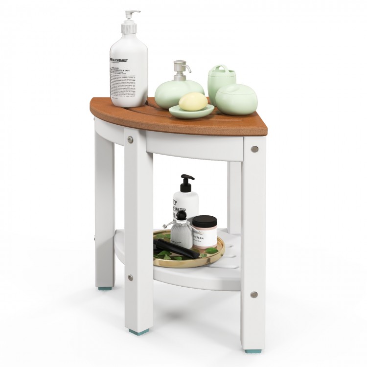 Corner shower stool with waterproof HDPE surface and elegant design, ideal for bathroom storage and organization.