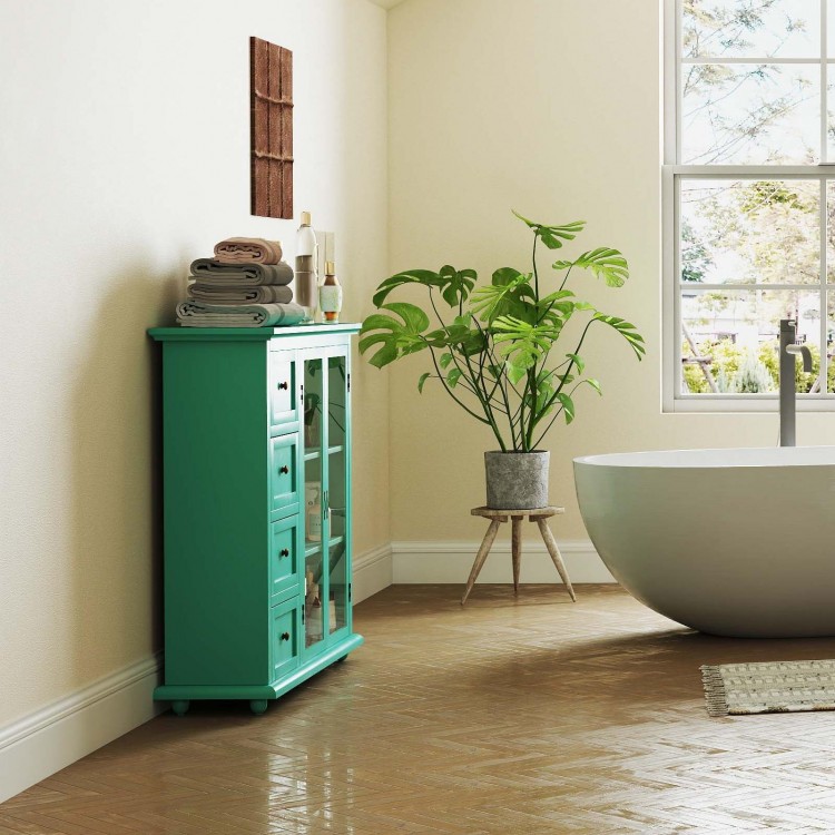 Tall teal storage cabinet with adjustable shelves and towels, perfect for bathroom organization and modern decor.
