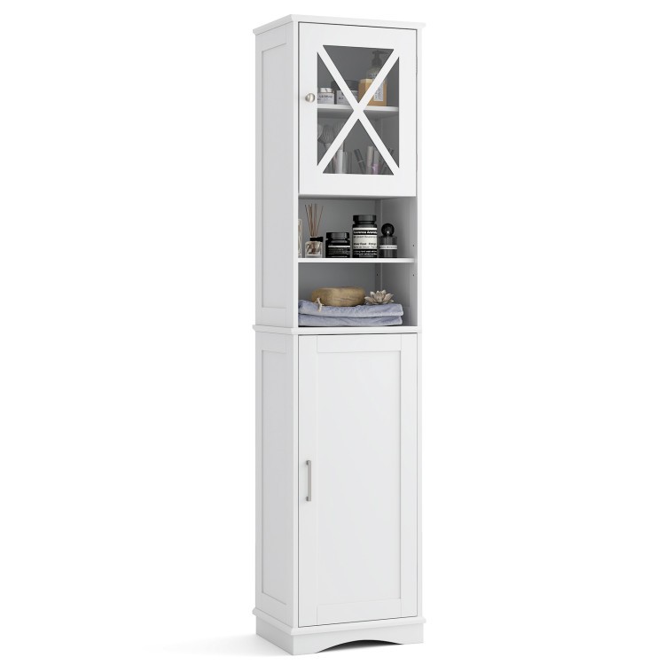 Tall white storage cabinet with glass door, adjustable shelves, and enclosed storage for versatile home organization.
