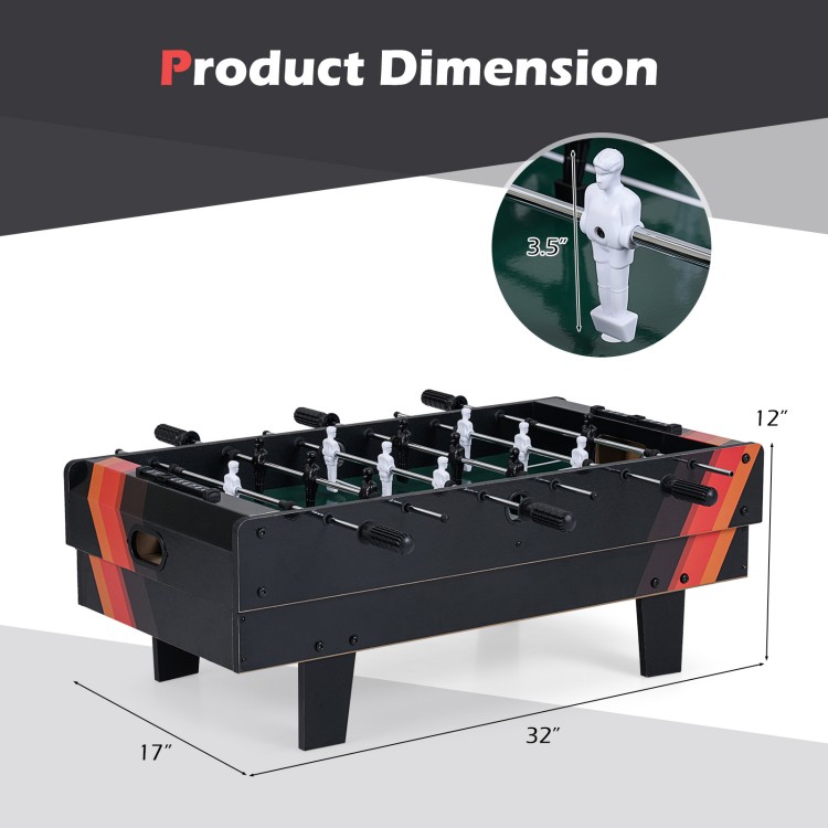 Dimensions of the 4 in 1 Combo Game Table Set, featuring foosball, billiards, table tennis, and hockey, measuring.