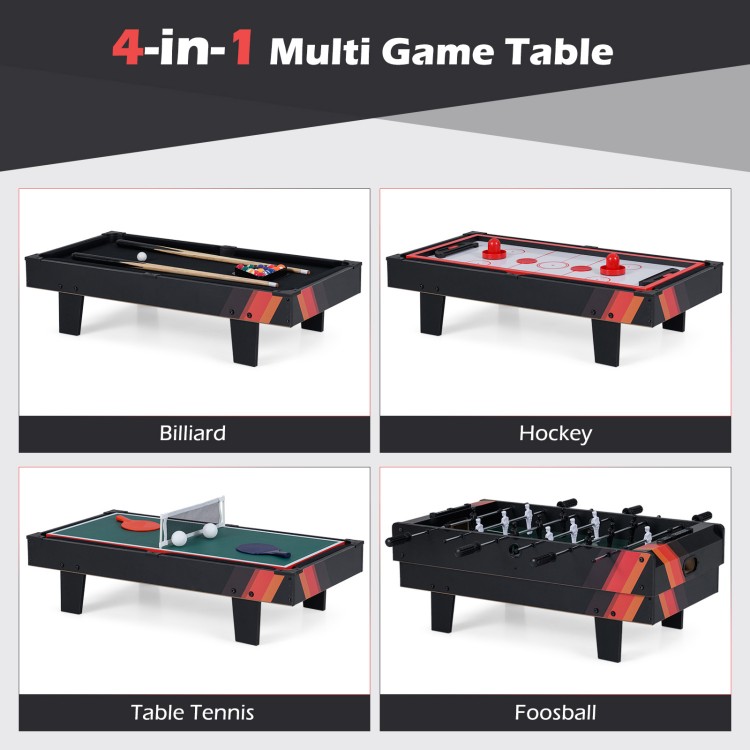4-in-1 multi game table featuring billiards, foosball, table tennis, and hockey for family fun and gatherings.