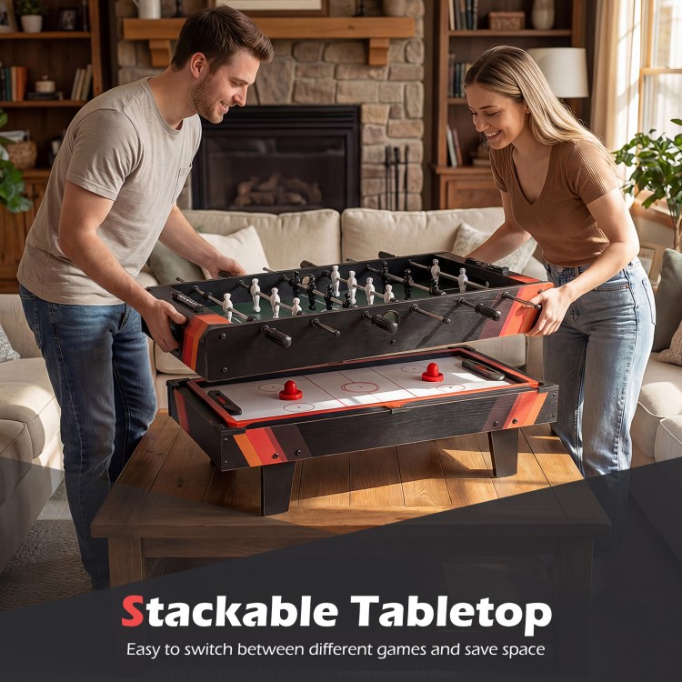 Stackable tabletop game table set featuring foosball, billiards, and air hockey for versatile family fun.