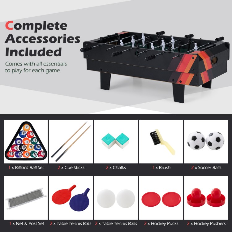 4 in 1 Combo Game Table Set with Billiards, featuring complete accessories for foosball, table tennis, and hockey games.