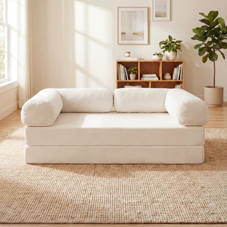 Convertible folding sofa bed in beige with removable armrests, plush corduroy cover, perfect for lounging or sleeping.