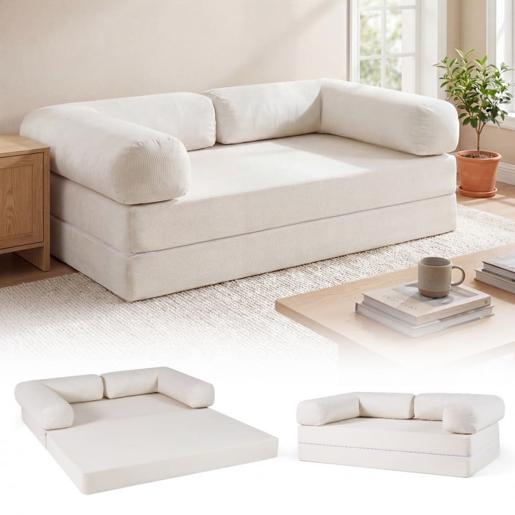 Convertible folding sofa bed in beige corduroy with removable armrests, ideal for lounging or as a floor bed.