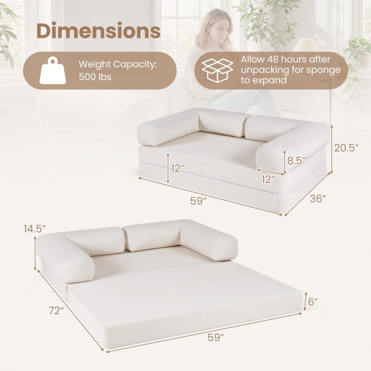 Convertible folding sofa bed in beige with removable armrests, measuring 72" x 36", ideal for lounging or sleeping.