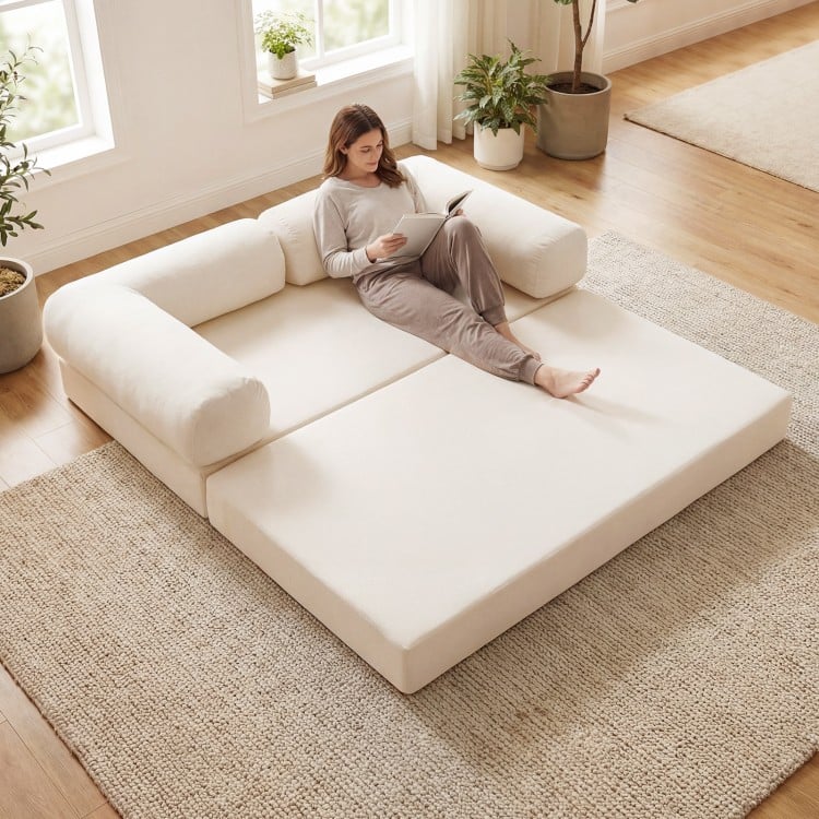Convertible folding sofa bed in beige with removable armrests, plush corduroy cover, perfect for lounging or as a floor.