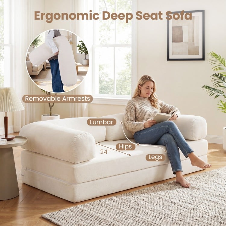 Ergonomic deep seat sofa with removable armrests in beige corduroy, ideal for lounging or as a floor bed.