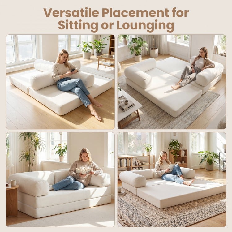 4-in-1 convertible folding sofa bed in beige, featuring removable armrests for versatile lounging or sitting options.