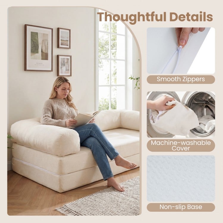 Convertible folding sofa bed in beige with removable armrests and smooth zippers, perfect for lounging or sitting.