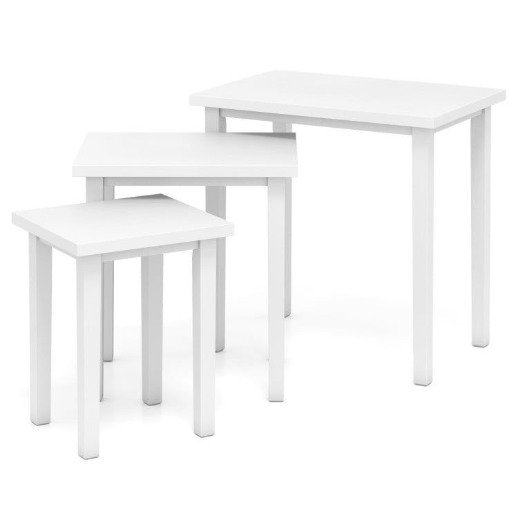 Stackable white side tables with sturdy wood tops, perfect for flexible storage and versatile use in any space.