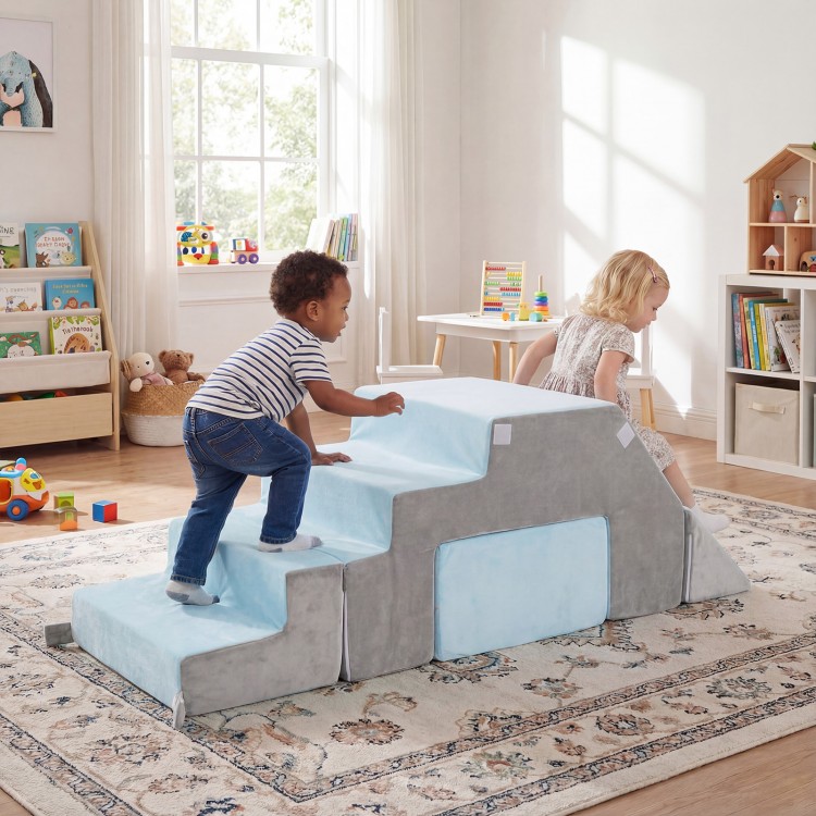 Toddler climbing blocks in gray, featuring steps and slide for indoor play, enhancing creativity and confidence.