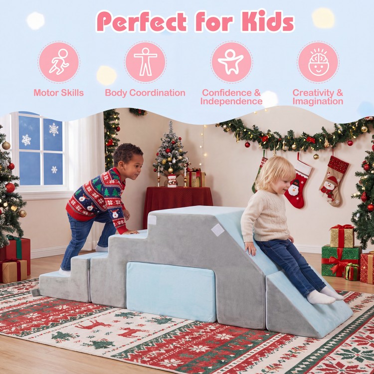 Gray 4-in-1 foam climbing blocks with slide for toddlers, promoting motor skills and creativity in indoor play.
