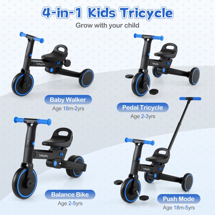 4-in-1 foldable toddler tricycle in navy, featuring adjustable seat and push handle for ages 18 months to 5 years.