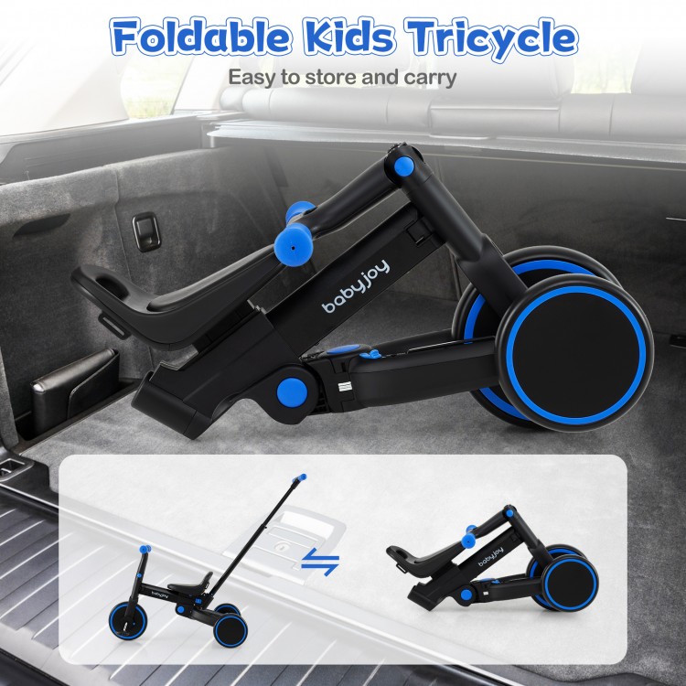 Foldable kids tricycle in navy with adjustable seat and push handle, ideal for easy storage and transport.