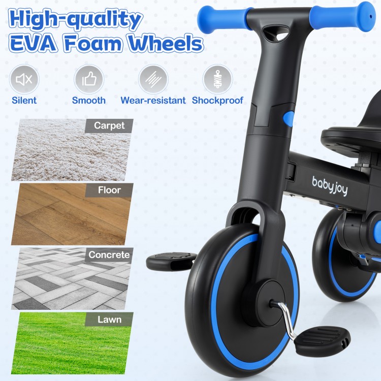 High-quality EVA foam wheels of the 4-in-1 foldable toddler tricycle, suitable for smooth rides on various surfaces.