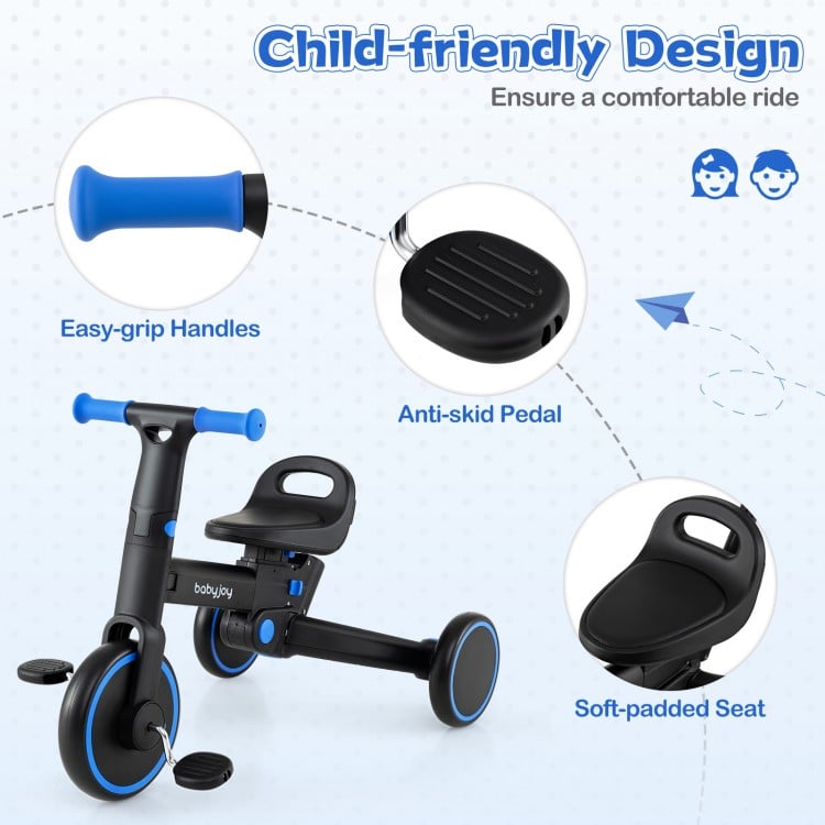 Child-friendly 4-in-1 foldable toddler tricycle with easy-grip handles, anti-skid pedals, and soft-padded seat for.