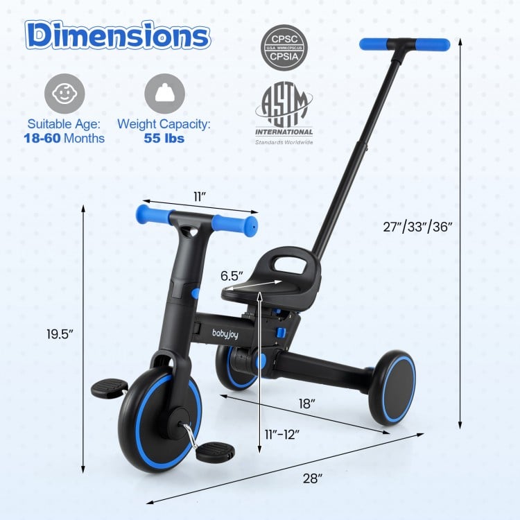 4-in-1 foldable toddler tricycle with adjustable seat and push handle, designed for kids aged 18-60 months, navy color.
