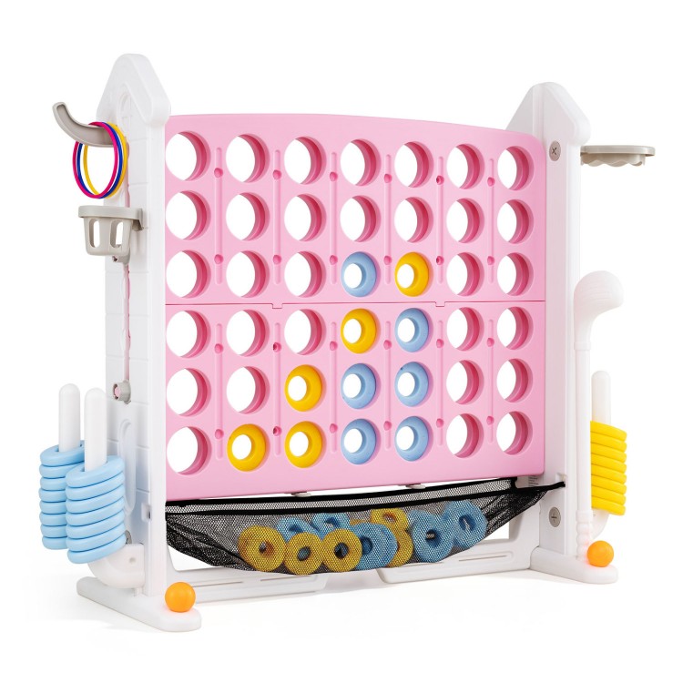 Height adjustable pink 4-in-1 connect game with mesh net, portable carry bag, and storage for rings and accessories.